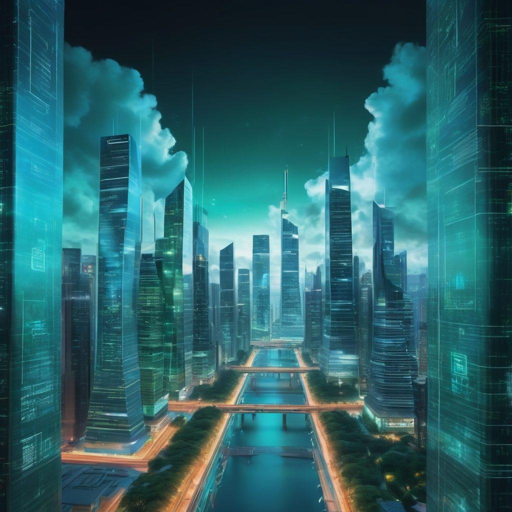 A futuristic cityscape blending elements of cybersecurity like digital locks and cloud computing symbols such as fluffy clouds and circuit patterns. The skyline is filled with skyscrapers adorned with glowing screens, representing data flow and security. Incorporate a color gradient of blue and green to signify technology and innovation. super-realistic. vibrant colors. high-tech atmosphere.