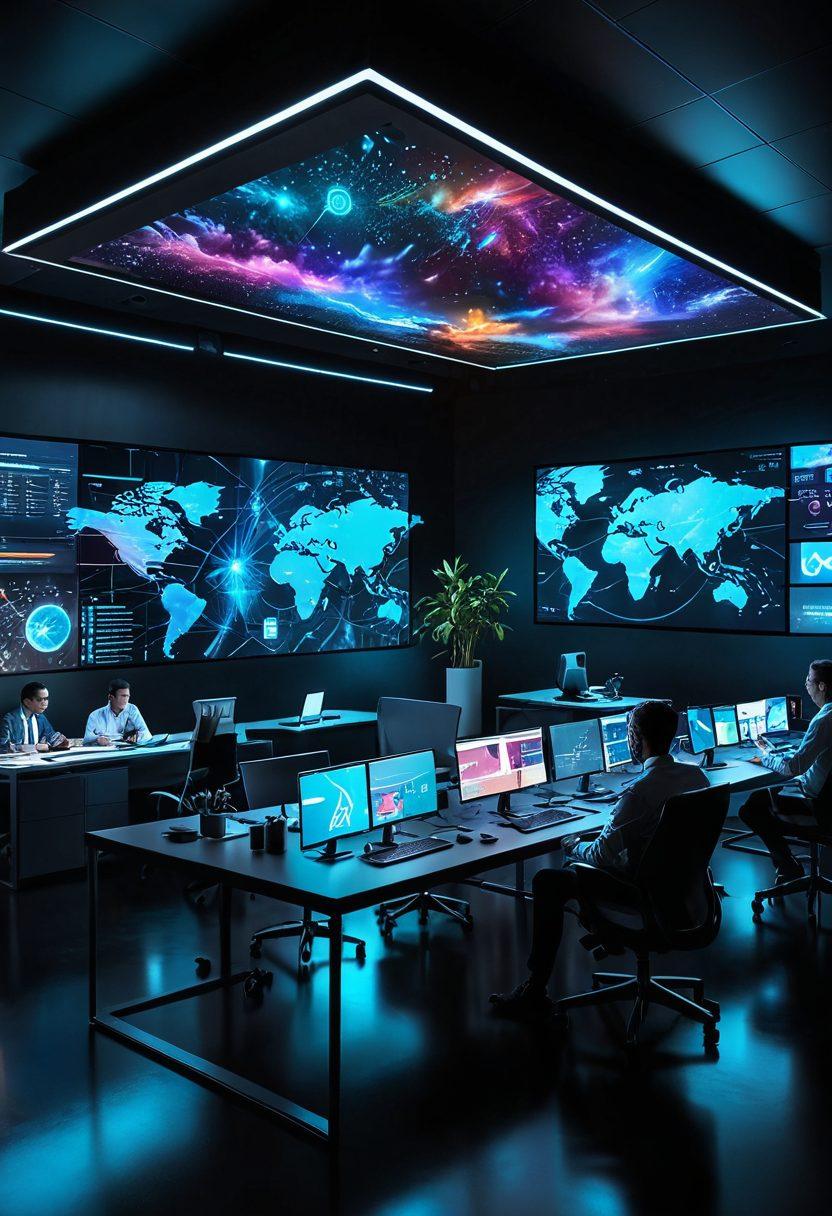 A futuristic office setting with diverse professionals collaborating around a holographic display showing IT solutions and data analytics. The background features cutting-edge technology like AI interfaces and cloud networks. Bright, inspiring colors that symbolize innovation and growth. super-realistic. vibrant colors.
