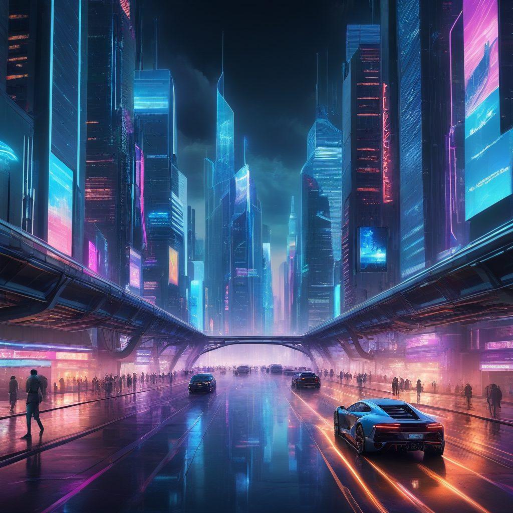 A futuristic cityscape showcasing diverse tech services like AI, cloud computing, and cybersecurity. Incorporate holographic displays, advanced robots assisting humans, and glowing digital pathways weaving through the landscape. Highlight a dynamic bridge representing connectivity and progress. Use bright neon colors to emphasize innovation and competition. cyberpunk. vibrant colors. 3D.